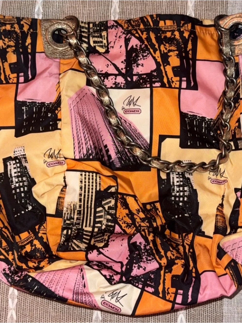 Coach Pink & Orange City-Print Chain-Handle Tote. Bonnie Cashin